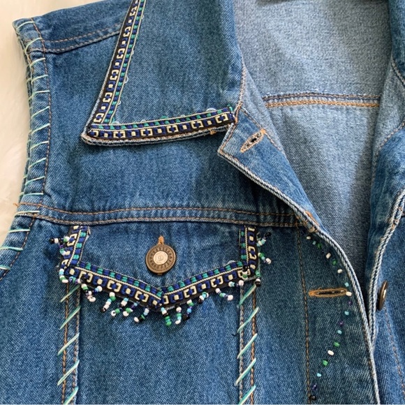 Vintage Beaded Denim Vest with Aztec Embroidered Trim - Picture 2 of 10